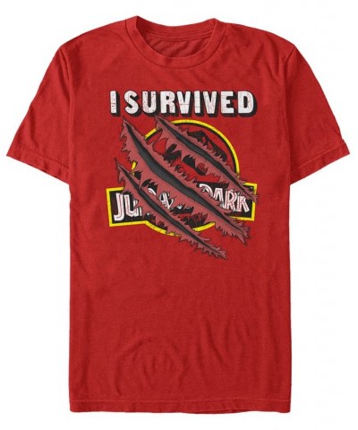 Jurassic Park Men's I Survived Scratch Short Sleeve T-Shirt Red $17.15 T-Shirts
