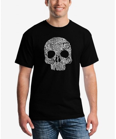 Men's Word Art Flower Skull Short Sleeve T-shirt Black $17.15 T-Shirts
