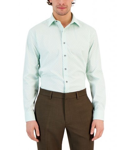 Men's Regular Fit Stain Resistant Pinflower Geo-Print Dress Shirt Green $40.50 Dress Shirts