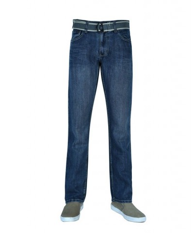 Men's Straight Leg Belted Jeans Blue $18.49 Jeans