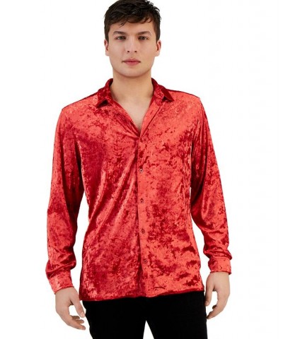 Men's Crinkled Velvet Button-Up Long-Sleeve Shirt Red $14.73 Shirts