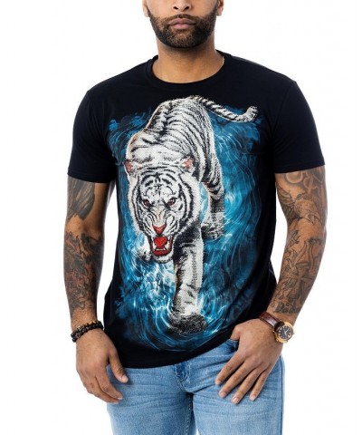 Men's White Tiger on Water Rhinestone T-shirt Black $24.30 T-Shirts