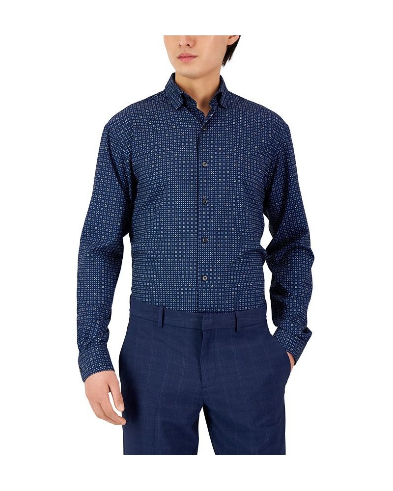 Men's Regular Fit Travel Ready Geo-Print Dress Shirt Blue $17.60 Dress Shirts
